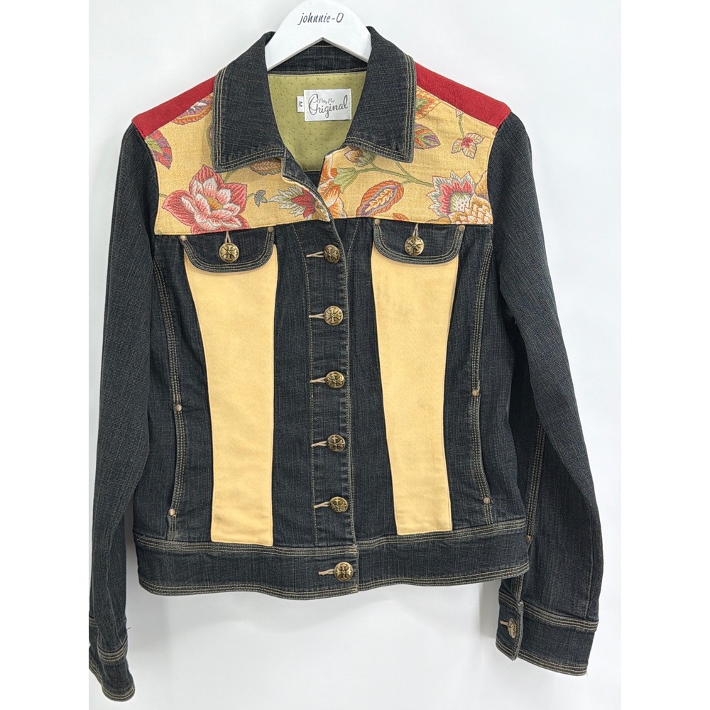 Pitty Pat Original Denim Tapestry Jacket Womens‎ M Floral Faux Suede Mixed Media
